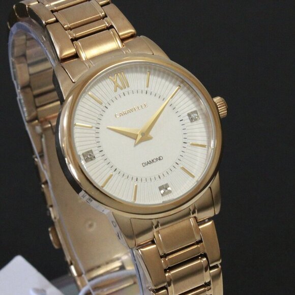 Caravelle Ladies Casual Watch By Bulova Diamond Accents Gold Tone 30mm - Picture 1 of 13